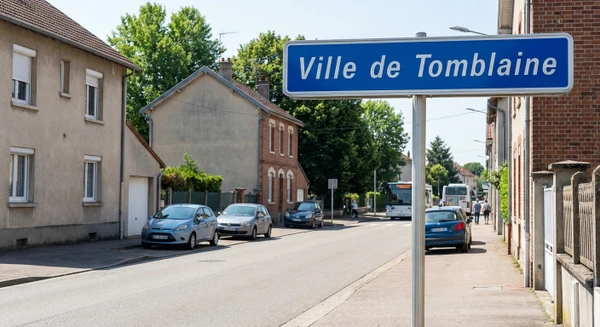 Photographie r&eacute;aliste d'une signal&eacute;tique routi&egrave;re ou panneau d'entr&eacute;e de commune affichant "Tomblaine", situ&eacute; en agglom&eacute;ration nanc&eacute;ienne. Le panneau doit &ecirc;tre clairement visible et lisible, avec en arri&egrave;re-plan un environnement urbain ou p&eacute;riurbain typique de la r&eacute;gion (petits b&acirc;timents r&eacute;sidentiels, rues calmes, commerces locaux). Prise de jour en conditions d'&eacute;clairage naturel, perspective r&eacute;aliste et professionnelle, montrant une sc&egrave;ne distincte des signal&eacute;tiques Laxou et Max&eacute;ville d&eacute;j&agrave; utilis&eacute;es.