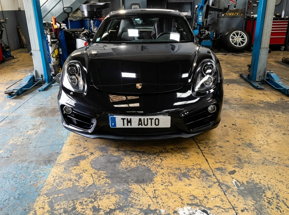 Porsche Cayman noire de face, stationnée dans un atelier mécanique